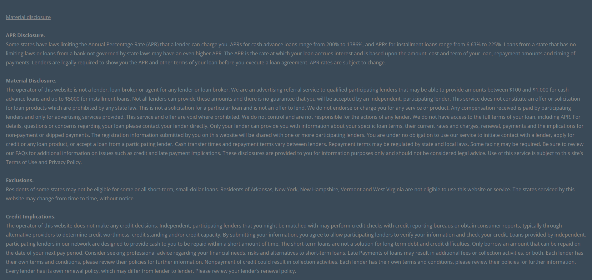 Material disclosure for payday loans in San Antonio Texas